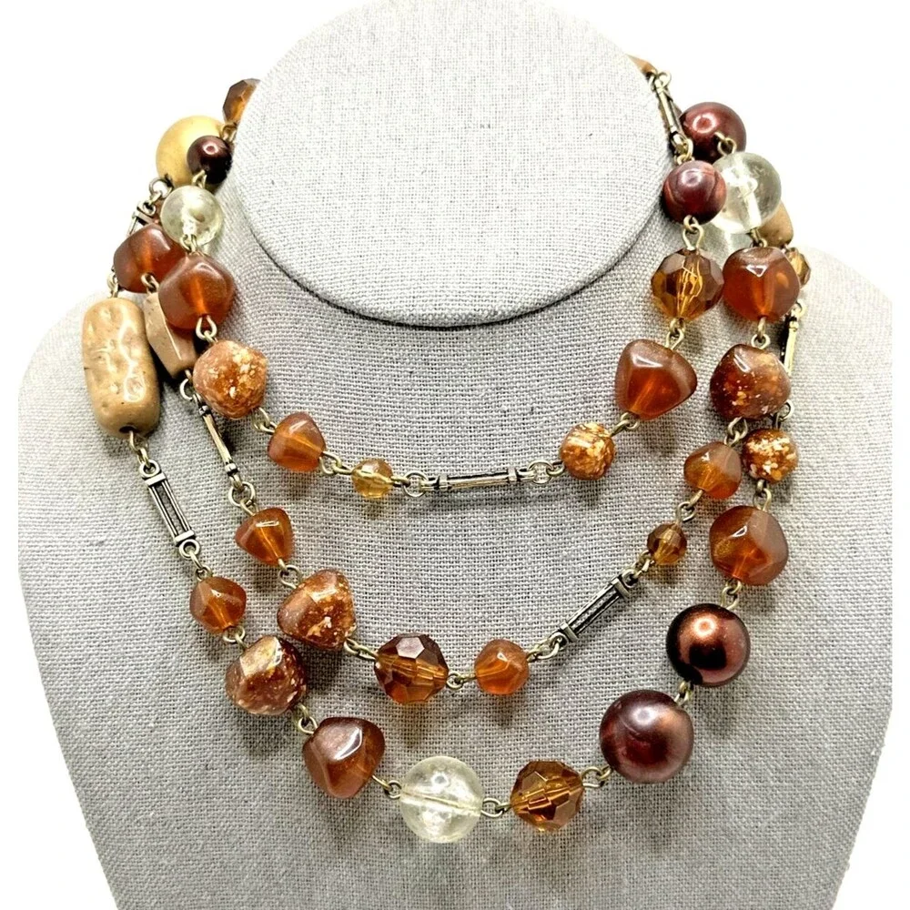 Vintage EXPRESS Necklace Amber Brown Faux Stone Statement 50” Made In Italy Long